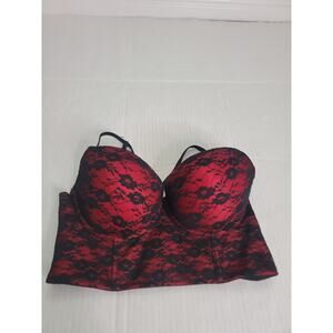 Jezebel Plunge Push Up Longline Straight Back Bra 38C Red Black Lace Overlaid
